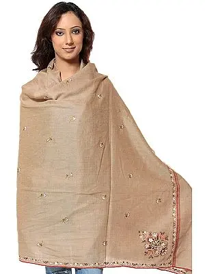 Khaki Chamba Shawl with Crewel Embroidery All-Over
