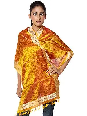 Saffron Banarasi Hand-Woven Stole with All-Over Tanchoi Weave