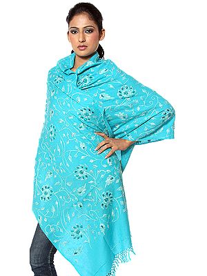 Robin-Egg Blue Crewel Embroidered Stole with Crystals and Sequins