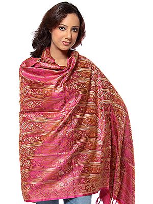 Magenta Stylized Paisley Banarasi Shawl with All-Over Weave