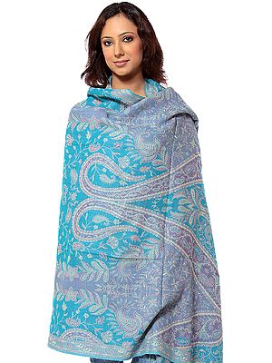 Turquoise and Lilac Reversible Jamawar Shawl with All-Over Weave