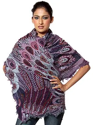 Purple Boiled-Wool Stole Fringed on All Sides with Threadwork