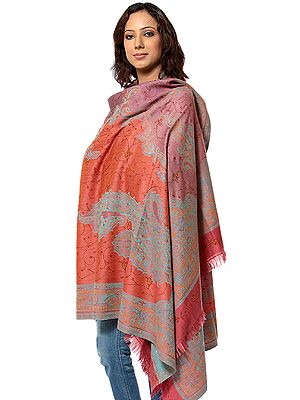Tri-Color Jamawar Shawl with Needle Embroidery by Hand