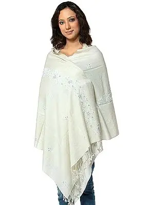 Ivory Silk-Pashmina Stole from Nepal with Embroidered Beads and Sequins