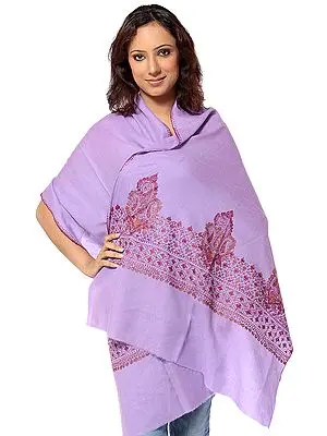 Lilac Tusha Stole with Hand-Embroidered Paisleys on Border