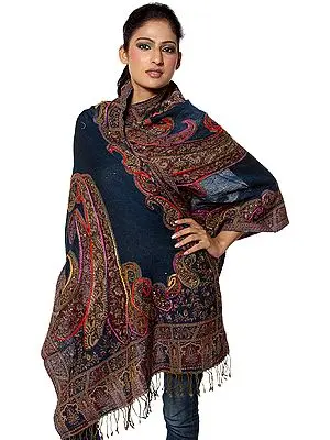 Teal Boiled-Wool Jamawar Stole with Embroidered Paisleys