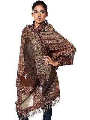 Brown Jamawar Stole with Woven Paisleys