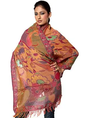 Multi-Color Jamawar Stole with Woven Flowers and Paisleys