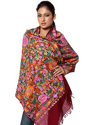 Dark-Maroon Jamdani Shawl from Kashmir with Large Embroidered Flowers