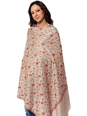 Khaki Shawl with Needle Embroidery by Hand All-Over