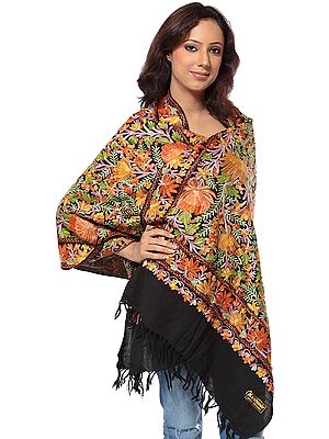 Black Jamdani Stole from Kashmir with Multi-Color Embroidered Flowers