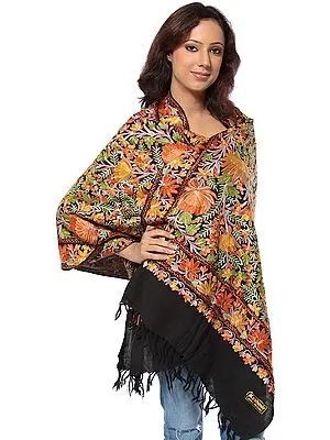 Black Jamdani Stole from Kashmir with Multi-Color Embroidered Flowers