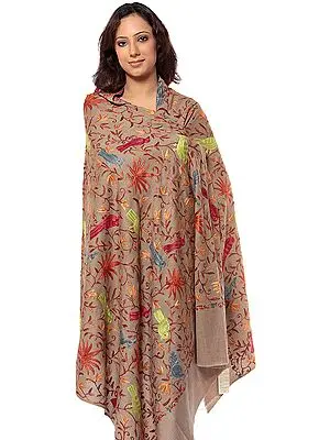 Khaki Aari Shawl Embroidered Birds and Flowers