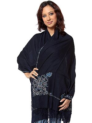Midnight-Blue Aari Embroidered Stole with Antique Embroidery