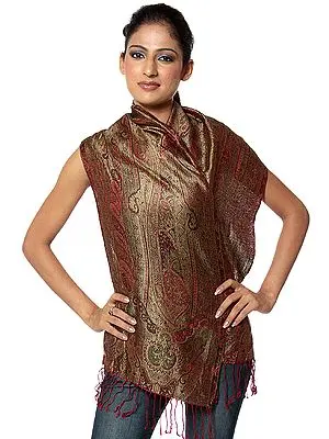 Burgundy Reversible Jamawar Scarf with All-Over Woven Paisleys