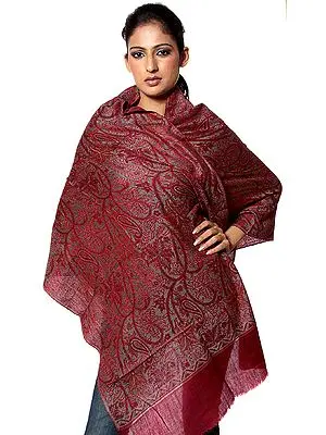 Red Double-Sided Cashmere Stole with Woven Paisleys
