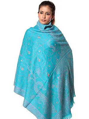 Robin-Egg Blue Jamawar Shawl with Needle Embroidery by Hand