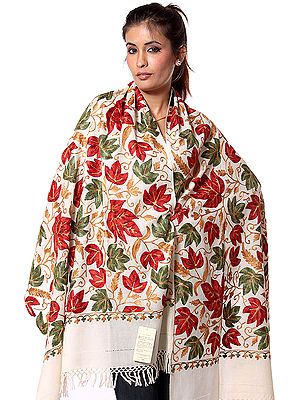 Ivory Crewel Stole with Embroidered Maple Leaves All-Over