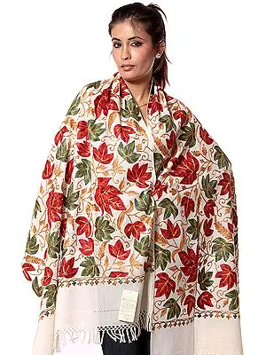 Ivory Crewel Stole with Embroidered Maple Leaves All-Over