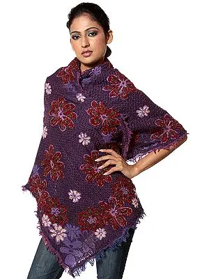 Purple Boiled-Wool Stole Fringed on All Sides with Threadwork