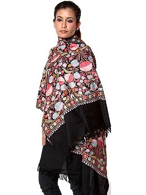 Black Jamdani Stole from Kashmir with Dense Aari Embroidery