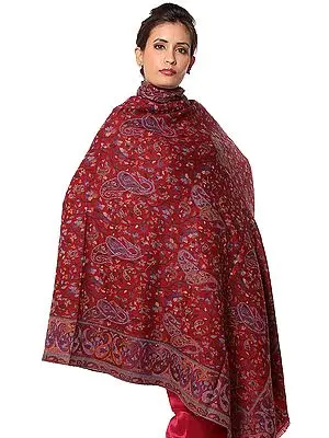 Red Kani Jamawar Shawl with Woven Paisleys in Multi-Color Thread