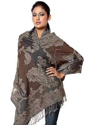 Gray and Brown Stole with Embroidered Beads and Sequins