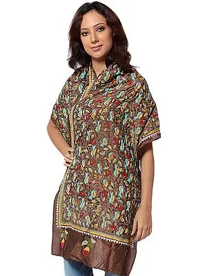 Brown Scarf from Kolkata with Kantha Stitch Embroidered Birds