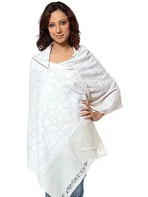 Ivory Jamdani Stole from Kashmir with Dense Aari Embroidery