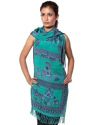 Sea-Green Scarf with Printed Procession