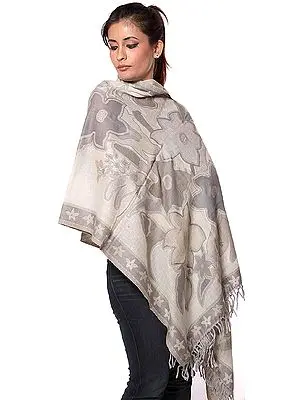 Gray and Ivory Jamawar Stole with Woven Flowers
