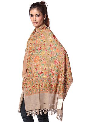 Khaki Aari Stole with Floral Embroidery All-Over