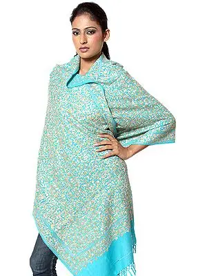 Turquoise-Blue Aari Stole with Embroidered Paisleys All-Over