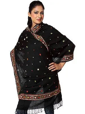 Black Kullu Stole with Crewel Embroidery and Mirrors