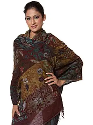 Multi-Color Boiled-Wool Stole with Embroidered Flowers