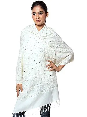 Winter-White Aari Embroidered Stole with Sequins and Beads
