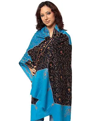 Turquoise and Midnight-Blue Shawl with All-Over Needle Embroidery