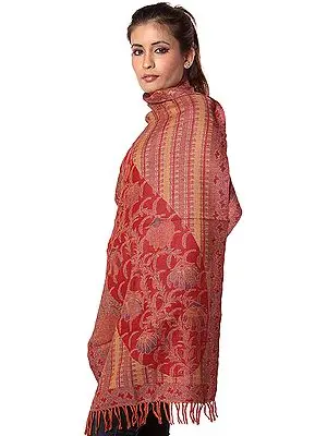 Red and Beige Reversible Jamawar Stole with Woven Flowers
