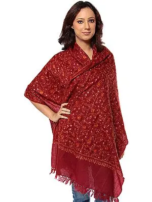 Dark-Maroon Tusha Stole Hand-Embroidered All-Over in Kashmir