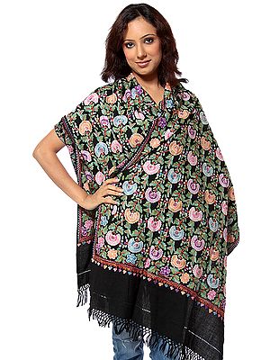 Black Aari Stole with Multi-Color Floral Embroidery All-Over