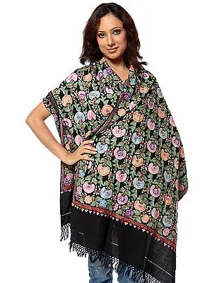 Black Aari Stole with Multi-Color Floral Embroidery All-Over