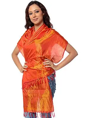 Orange Banarasi Scarf with Tanchoi Weave in Green Thread