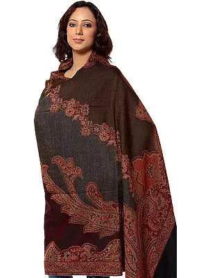 Gray and Brown Jamawar Shawl with Woven Paisleys