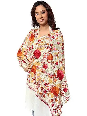 Whisper White Jamdani Stole from Kashmir with Dense Aari Embroidery