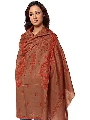 Sepia Tusha Shawl with All-Over Sozni Embroidery by Hand