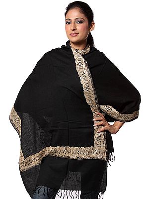 Plain Black Stole with Embroidered Border in Golden Thread and Sequins