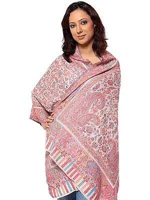 Powder-Pink Kani Stole with Woven Paisleys in Multi-Color Threads