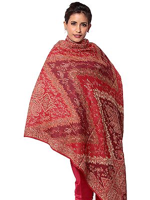 Red and Maroon Reversible Jamawar Shawl with All-Over Weave