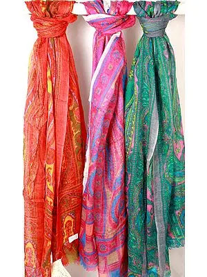 Lot of Three Superfine-Wool Stoles with Printed Paisleys