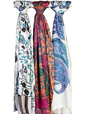 Lot of Three Stoles with Multi-Color Kani Print